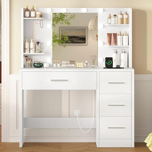 FIONESO Vanity Desk with Mirror and Lights, Makeup Vanity with Power Outlet and 4 Drawers & 6 Shelves & 5 Hooks, 3 Color Modes & Adjustable Brightness, White Vanity for Bedroom - Image 1
