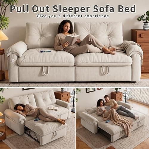 howcool Queen Sleeper Sofa Bed, 77" Pull Out Couch | 3-in-1 Convertible Sofa Bed, Loveseat Sleeper with USB Charging Ports for Living Room, Velvet Fabric, RV-Friendly, Beige thumbnail 3