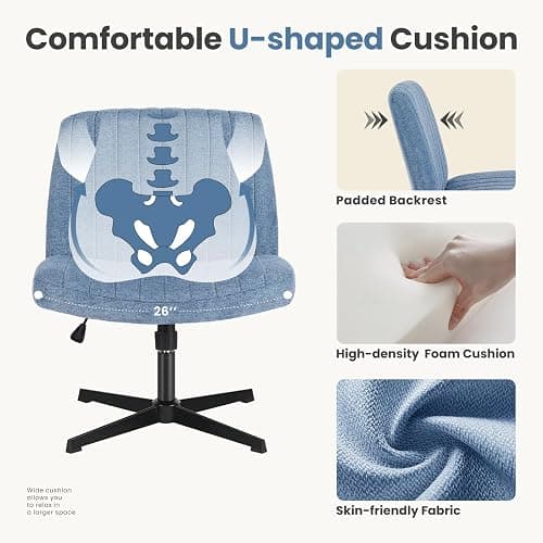 DUMOS Criss Cross Legged Chair Wide Comfy Home Office Desk Seat, No Wheels Armless Computer Task Seating, Swivel Vanity Chair Height Adjustable for Makeup Bedroom, Fabric Blue thumbnail 4