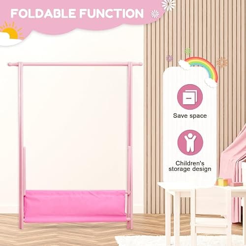 Cozivolife Kids Clothing Rack with Storage Box, Dress up Holder, Child Garment Hanger with Hanging Rods, Small and Foldable, Bamboo (Pink) thumbnail 4