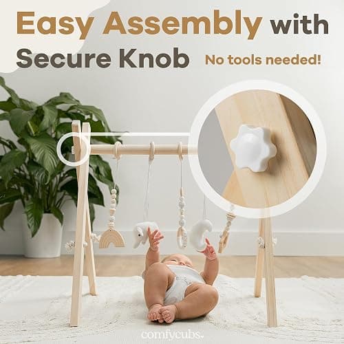 Comfy Cubs Wooden Baby Play Gym - Natural Finish Pinewood Baby Activity Gym with 5 Sensory Hanging Toys - Easy No-Tool Assembly, Safe and Durable for Infant Motor and Visual Development - Natural Wood thumbnail 8
