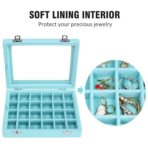 Vicoter Velvet Jewelry Box 24 Grid Jewelry Ring Display Organiser Box Tray Holder Earrings Storage Case for Girls Wife Mom Women (Light Blue) thumbnail 3