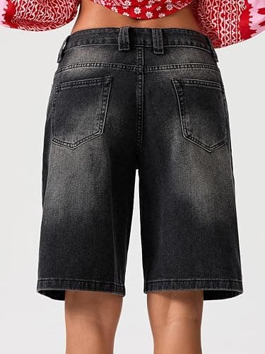 NUFIWI Women Baggy Denim Bermuda Shorts Y2k Straight Denim Shorts | Jean Shorts Womens, Wide Leg, Short Pants, Vintage, Casual, Knee Length, Long Jorts with Pockets, Oversized, Trendy thumbnail 3