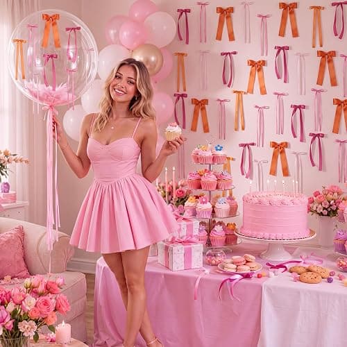 40 Pack Pink and Orange Bow Wall Decor for Sunset Party | DIY Bow Photo Backdrop, Tequila Sunrise Party Decorations for Women Girls, Bachelorette, Wedding, Birthday Decor thumbnail 5