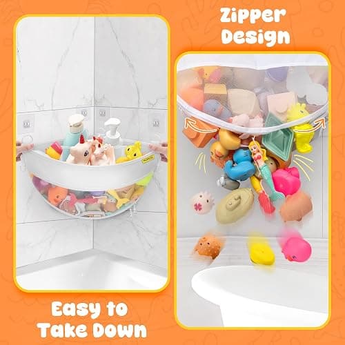 Bath Toy Storage Corner Wall Mounted, 4.32 Gallons Bath Toy Holder, Bottom Zipper Mesh Bathtub Toys Storage Organizer Bag, Quick Access Baby Shower Caddy Quick Dry Bathtub Toys Holder Accessory thumbnail 4