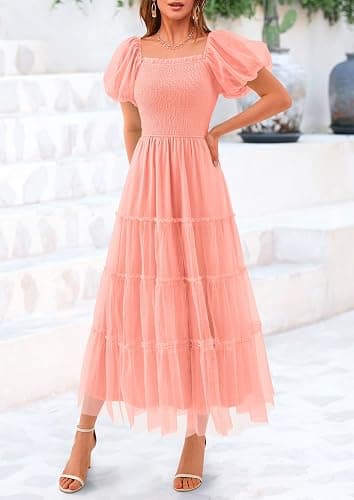 PRETTYGARDEN Women's Smocked Midi Tulle Dress 2026 Summer Puffy Short Sleeve Square Neck Ruffle Wedding Guest Party Dresses thumbnail 6