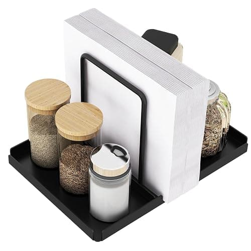 Napkin Holder for Table, Metal Napkin Holder with Salt and Pepper Shakers Caddy, Standing Paper Napkin Storage for Kitchen Dining Table Decor, Black - Image 1