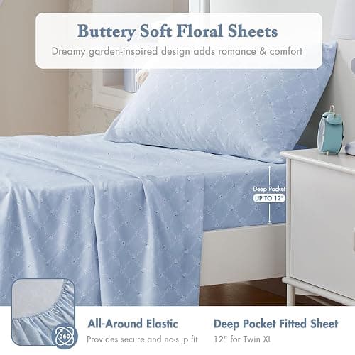 Madison Park Essentials Adele Comforter Set Blue Floral Twin XL – Shabby Chic Vintage Bed in a Bag with Sheet Set, Reversible Ruffle Bedding, College Dorm Gift for Her Women Teen thumbnail 4
