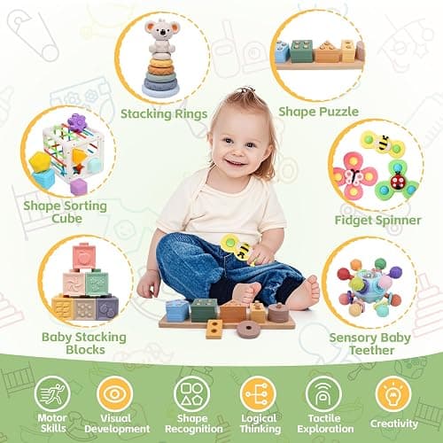 YHHYTOY 6-in-1 Montessori Baby Toys 0-6 6-12 Months, Infant Toys Baby Gifts | 4 5 6 Month Old Baby Toys, Soft Stacking Blocks Rings Shape Sorter Sensory Baby Suction Spinners, Baby Gifts for Girls Boys thumbnail 3