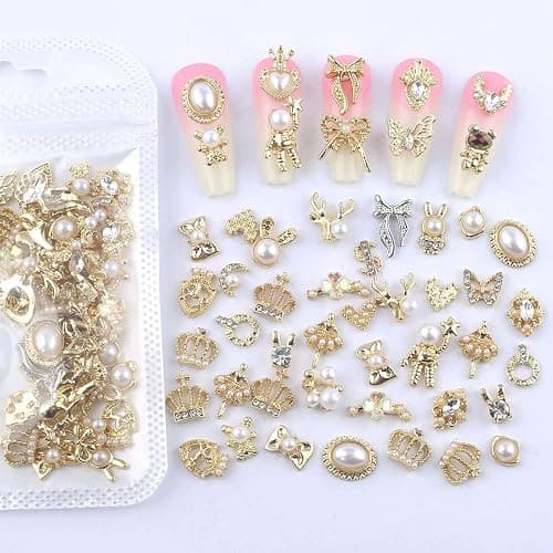 Dornail 50 Stück Gold Nail Charms,Mix Styles Glitzersteine Nägel Perle Legierung Nagel Steine Blume Schmetterling Strasssteine Nägel Herz Stern Nagel Charms DIY Nail Art Zubehör Frauen nägel Deko thumbnail 5
