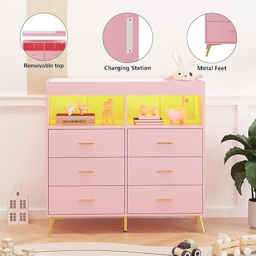 GarveeHome Dresser for Bedroom with 6 Drawers, Baby Changing Table Dresser with Changing Pad, LED Lights & Charging Station, Baby Changing Station with Changing Table Top, Pink - Pink thumbnail 7