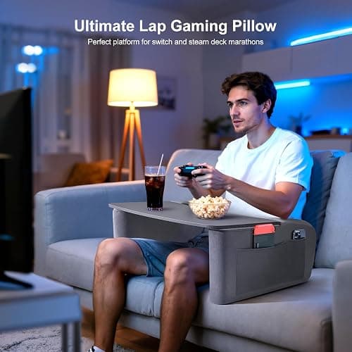 OPTIXCELL Reading Pillow for Gaming with Ergonomic Arm Rests, Wooden Lap Desk for Laptop, Support Pillow with Side Pockets for Reading, Writing, Working, Gaming on Bed, Couch or Floor (Gray, Large) thumbnail 7