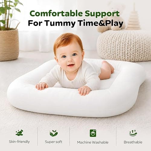 Mapotf Baby Lounger for Newborns 0-24 Months - Baby Essentials | Soft Breathable Cotton Infant Support Cushion for Tummy Time & Play, Portable Infant Lounger - Cloud White (Cover Included) thumbnail 2