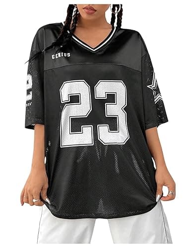 Verdusa Jersey Shirts for Women Y2K Graphic Tees Oversized Streetwear Letter Print T Shirt V Neck Tee Top - Large - Black