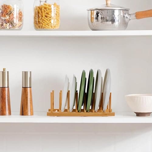 HBlife 2-Pack Bamboo Wooden Dish Rack Holder Space-Saving Vertical Organizer for Plates, Cups, Pots, Lids, Bowls & Cutting Boards Kitchen Cabinet & Counter Storage thumbnail 5