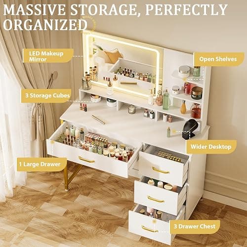 COMHOMA Vanity Desk with Mirror and Lights, Makeup Vanity Table with 4 Drawers & Storage Shelves, Large HD Mirror, 3 Color Modes & Adjustable Brightness, Modern Dressing Table for Bedroom, Pearl White thumbnail 3