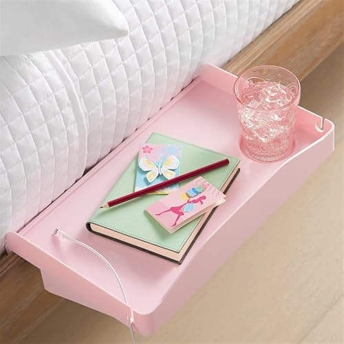 Modern Innovations Bedside Shelf for Bed, College Dorm Room, Bunk Bed Shelf for Top Bunk, Clip On Nightstand, Baby Changing Table Tray, Cup Holder for Kids, Bunkbed Caddy for Table Storage (Pink) - Image 1