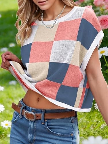 WIFFGO Womens Spring Crop Tops 2026 Summer Cap Short Sleeve Sweater Vest Loose Shirts Cute Trendy Top Vacation Outfits thumbnail 3