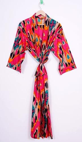 Pure 100% Cotton Robe For Womens Bathrobe Dressing Gown Long sleepwear Free Size Kimono thumbnail 3