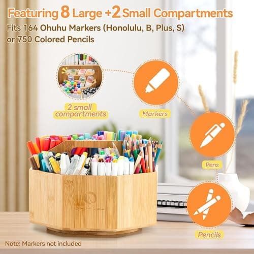 Ohuhu Rotating Marker Organizer for Alcohol Markers, 360-Degree Rotating Bamboo Storage Hold 162 Honolulu& B Alcohol Markers, Pens Pencil Holder with 8 Compartments for Home Classroom Office Decor thumbnail 5