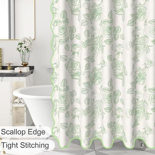 NAEMBCU Floral Scalloped Shower Curtain with 12 Hooks 71x74Inches - Green Flower Rose Pattern, Waterproof Fabric Bath Curtain for Modern, Farmhouse and Elegant Bathrooms Decor thumbnail 5
