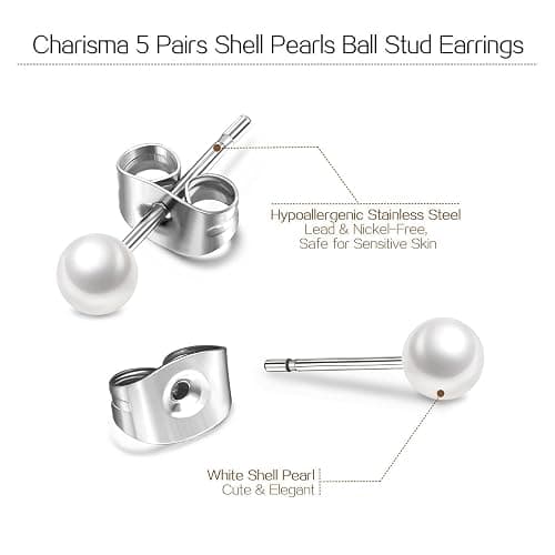 Charisma 3-7mm Composite Pearl Earrings Round Ball Pearls Stud Earrings Hypoallergenic 5 Pairs Mixed Sizes Imitation Pearl Earrings Set for Women thumbnail 3