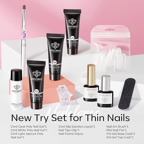 Modelones Poly Gel Nail Kit 3 Colors Clear White Apricot with Slip Solution Dual Nail Forms Top Base Coat Extension Builder Gel Enhancement Professional Starter Kit DIY Nail Art Salon Use thumbnail 2