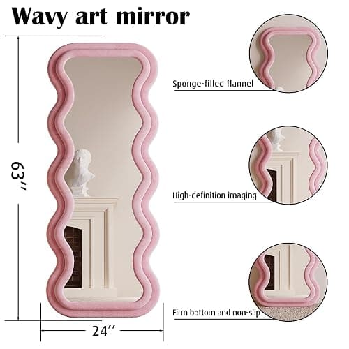 BOJOY Full Length Wavy Mirror, 63"x24", Arched Floor & Wall Mirror - Standing, Hanging or Leaning - Flannel Wrapped Wooden Frame - Pink thumbnail 2