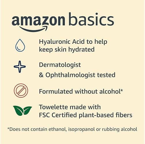 Amazon Basics Makeup Remover Wipes, Gentle Cleansing, Dermatologist Tested, Hydrating with Hyaluronic Acid, Plant-Based, Alcohol-Free, Removes Waterproof Mascara, No-Rinse Formula, 25 Count, 6-Pack thumbnail 3