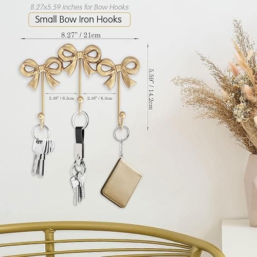 Small Bow Wall Hook,Gold Wall Mounted Functional Hooks,Antique Gold Cast Iron Hook for Coats,Bags, Bath Towels,Room Decorations,Girls Room,Bathroom,Office(Three-Bows Hooks:8.27x5.59 inches) thumbnail 2