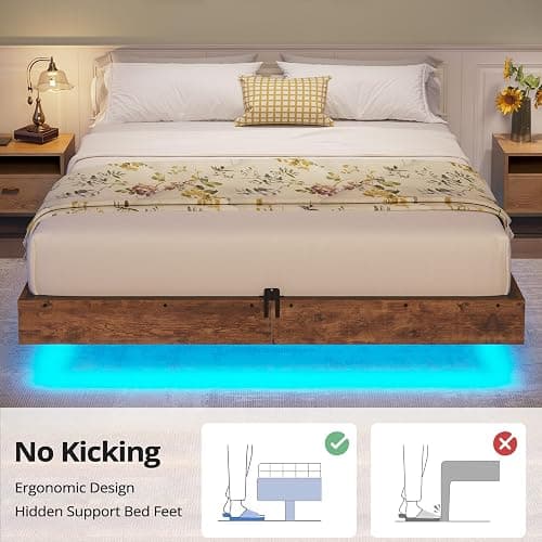 BTHFST Floating Bed Frame Queen Size with LED Lights, Industrial Wooden Metal Queen Platform Bed, Solid and Stable, Noise Free, No Box Spring Needed, Easy Assembly thumbnail 5