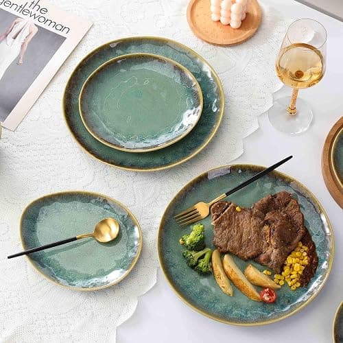 Henten Home Ceramic Appetizer Plate Set, 6.75 Inch Dessert Plates, Reactive Glaze Serving Plates for Snack, Sushi, Set of 4, Microwave & Dishwasher Safe (Green) thumbnail 5
