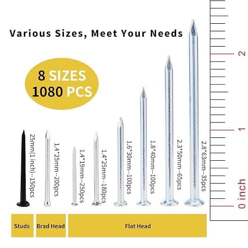 MAEXXNA 1080-Piece Nail Assortment Kit (7 Sizes): 1080 Count Fasteners Made of Steel for Hanging Pictures, Woodworking Projects, and General Use thumbnail 2