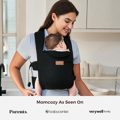 Momcozy Newborn Carrier WeeSnug- Lightweight and Cozy Comfort for 7-25 lbs, Ergonomic Cross-Back Support, Effortless to Put On, Hands-Free Baby Carrier with Lumbar Support, Black thumbnail 6
