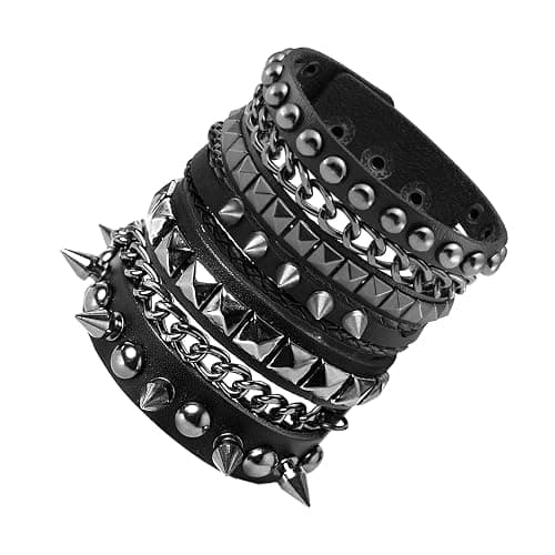 Eigso Leather Punk Rock Cuff Bracelets for Men Women Retro Vintage Chain 80s Wristband Set for Man Woman thumbnail 2