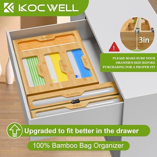 KOCWELL Bamboo Bag Storage Organizer - 2 Wrap Dispenser with Cutter & 4 Slots Food Storage Bags Container - Kitchen Drawer Plastic Bags Storage Organization for Gallon Quart Sandwich Snack Bags thumbnail 3
