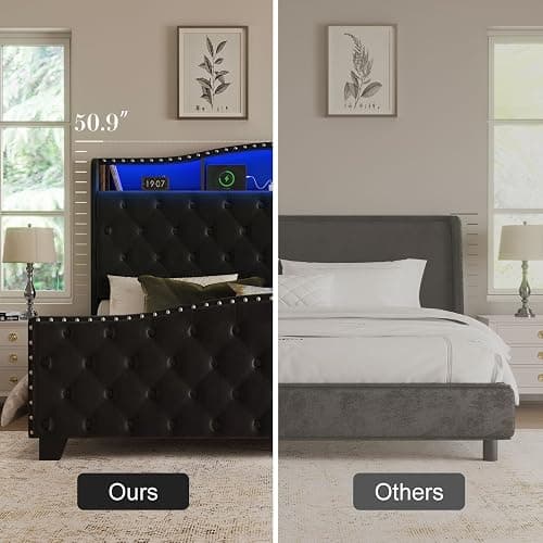 Belffin Queen Size Platform Bed Frame with 50.9" LED Headboard, Black | Velvet Upholstered Low-profile Bed, Handmade Tufting, Nailhead Wingback, Tall Footboard, Storage with Charger, Noise-Free thumbnail 8