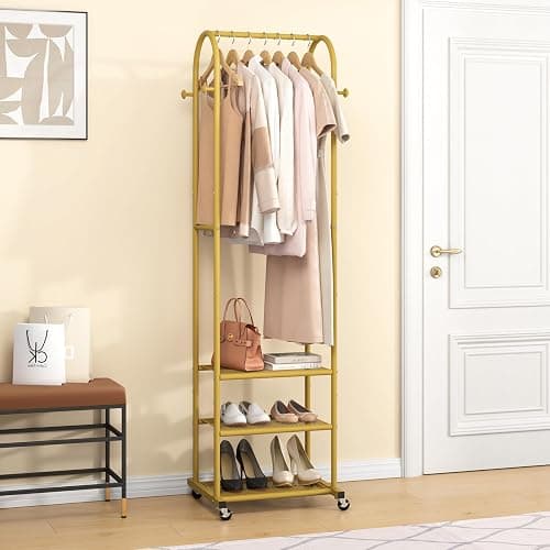 Kaitiemoo Heavy Duty Clothing Rack with Wheels,Modern Garment Rack with 3 Metal Shelves, 71.8Inches Display Rack for Hanging Clothes, Hanging Rod for Small Space,Gold thumbnail 8