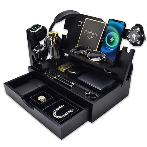 KWYADLUO Nightstand Organizer for Men with Large Drawer, Birthday Gifts for Men Father Husband, Wood Phone Docking Station, Bedside Organizer for Nightstand Office for Apple Watch, Laptop (Black) - Image 1