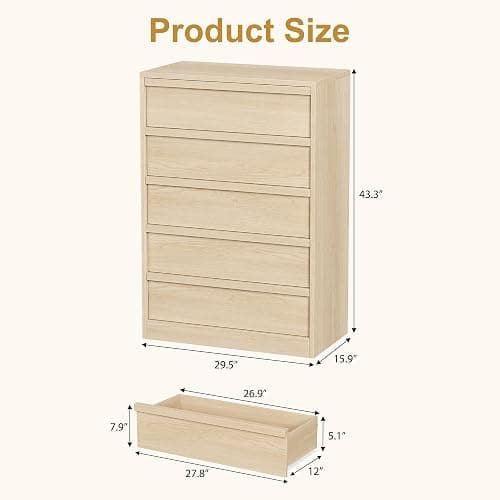 GarveeHome 5 Drawer Dresser for Bedroom, Modern 5 Chest of Drawers Tall with Large Drawers Storage, Wooden Dresser Organizer for Living Room, Nursery, Entryway - Natural thumbnail 2