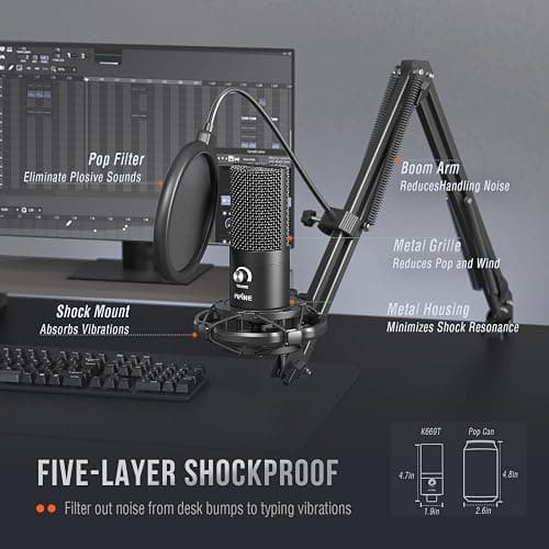 FIFINE Studio Condenser USB Microphone Computer PC Microphone Kit with Adjustable Boom Arm Stand Shock Mount for Instruments Voice Overs Recording Podcasting YouTube Vocal Gaming Streaming-T669 thumbnail 6
