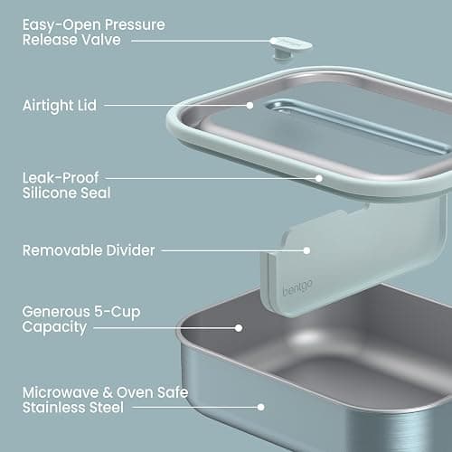 Bentgo MicroSteel Leak-Proof Lunch Box - Microwave-Safe, Oven-Safe, Bento-Style Container with Removable Divider, Airtight Lid, Sustainable Design, Odor & Stain Resistant (Aqua) thumbnail 5