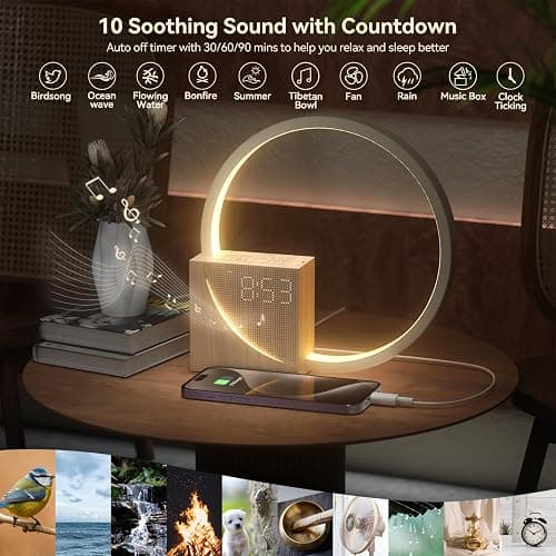 Vivilumens Sunrise Alarm Clock for Heavy Sleepers Adults, Wake-up Light, Sleep Aid 10 White Noise Sound Machines with 30/60/90 Timer, 3 Level Dimmable Touch Table Lamp with Snooze USB Charger Port thumbnail 4