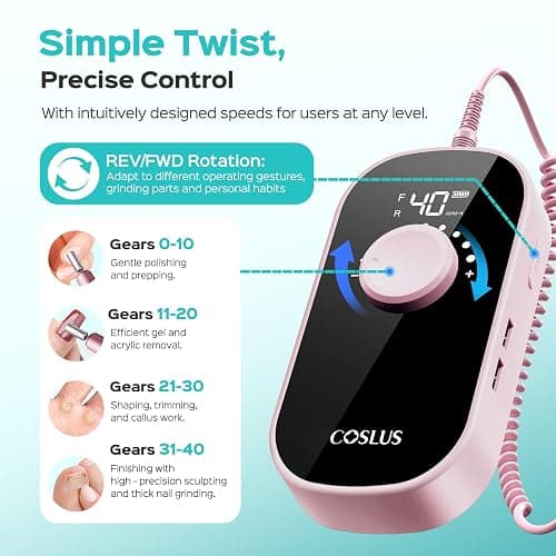 COSLUS E51 Electric Nail Drill Professional: Rechargeable Nail File with Stand for All Manicure Shaping & Gel Removal, Entry-Level Easy, 40000RPM E-File for Nail Art Practice, Home DIY and Salon, Pink thumbnail 6