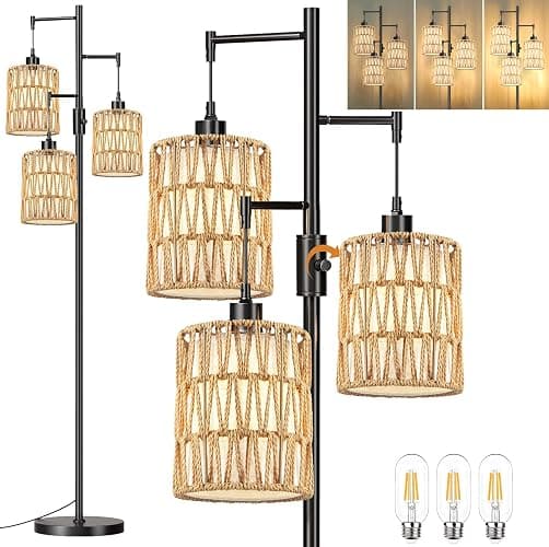 ZECOXOL Boho Floor Lamp for Living Room Bedroom-3 Light Dimmable Floor Lamp with Three Led Bulb, Rustic Tall Lamp Black Standing Lamp Tree Floor Lamps for Living Room Bedroom,Office,Corner - Image 1