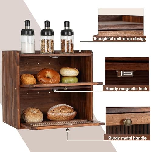 Sunhoo Bread Box for Kitchen Countertop Wooden Bread Storage Container Bin 2 Layer Breadbox Holder Large Capacity Keeper Vintage Farmhouse Food Organizer Pantry Shelf Acrylic Window (Brown) thumbnail 5