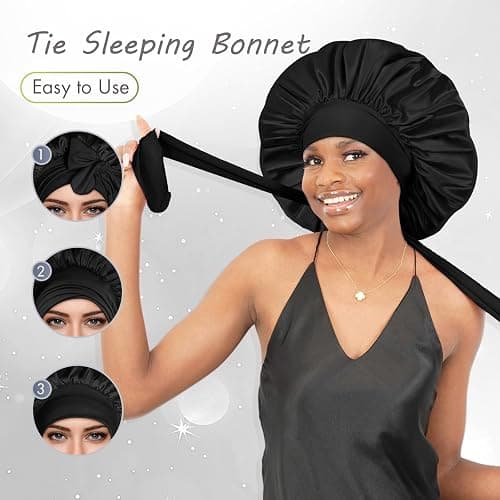 BONNET QUEEN Silk Bonnet for Sleeping Satin Bonnet Hair Bonnets Large Bonnets Hair Wrap Sleep Cap with Tie Band for Women Curly Hair Braids Locs Black thumbnail 4