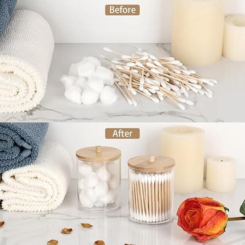 SUMTree 2 Pcs 10 Ounce Plastic Cotton Swab Holder with Bamboo Lids | Acrylic Cotton Bud Qtip Holder Dispenser Bathroom Jar Canister for Bathroom Accessories for Bathroom, Vanity, Dressing Table thumbnail 6