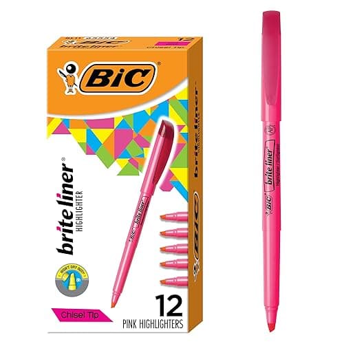 BIC Brite Liner Highlighters, Chisel Tip, 12-Count Pack of Pink Highlighters, Ideal Highlighter Set for Organizing and Coloring - Pink - 12 Count (Pack of 1)