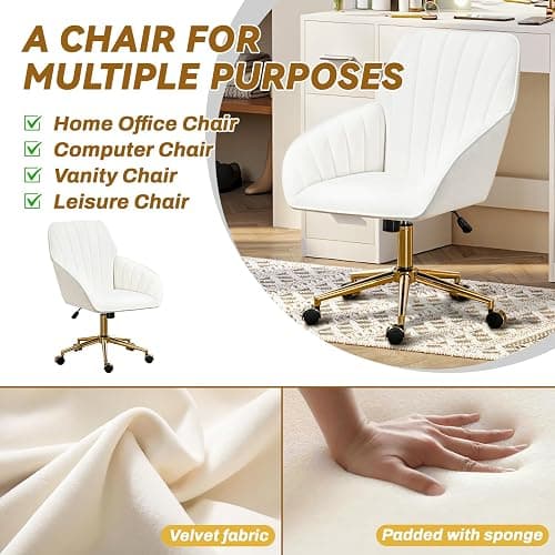 Home Office Desk Chair Comfy with Adjustable Swivel Wheels, Modern Velvet Makeup Vanity Chair with Back & Pillow, Ergonomic Office Chair Computer Task Chair for Living Room, Bedroom, White thumbnail 5